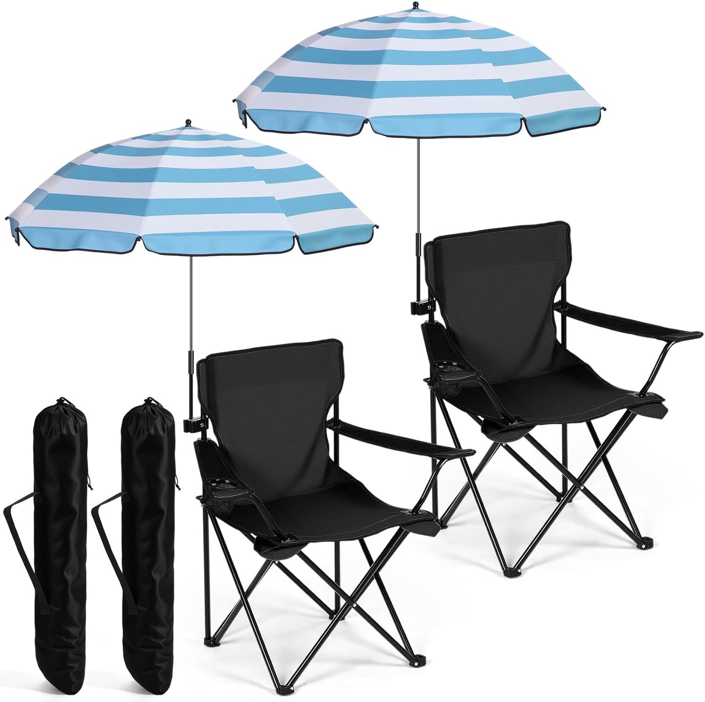 2 Sets Beach Chair with Umbrella Foldable Camping Chair Fold up Umbrella with Universal Clamp Large Portable for Outdoors Fishing Camping Hiking Travel Picnic Beach (Black,Blue,White)