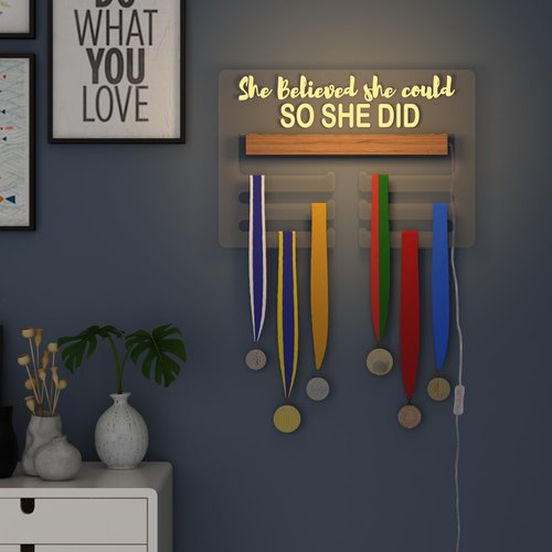 Ammonite She Believed she Could SO SHE DID Light up Medal Hanger Display, Holder Rack for Awards or Ribbons, Sports Themed Ribbon Holder for Wall
