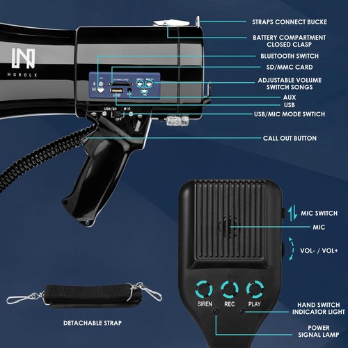 MGROLX 50w Rechargeable Megaphone Bullhorn | Loud Speaker Supports Bluetooth, USB, SD, AUX Input | Built-in Siren and Recording | for Police, Outdoor and Cheerleading (Black)