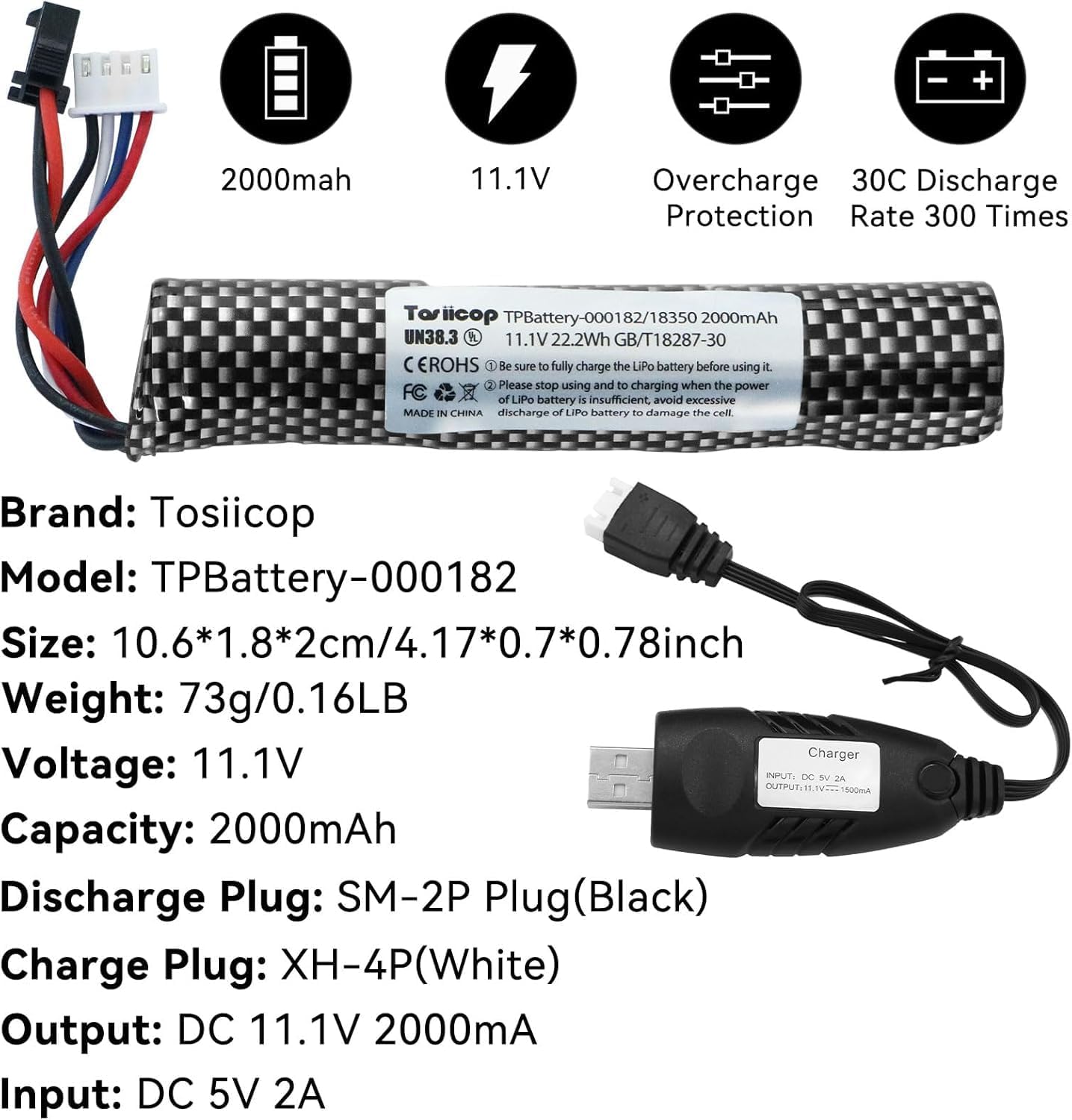 11.1v Battery Gel Blaster - Airsoft Batteries 11.1 Volt 2000mAh with Charger and Mini Tamiya Connector to SM-2P Plug Conversion Cable for Water Bead Splatter Ball 2 Pack