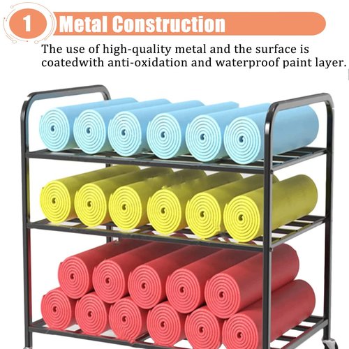 Storage Holder Home Gym Large Yoga Mat Storage Cart Rack with Wheels, 3 - Layers Metal Workout Organizer for Yoga Mat Display & Home Exericse Display Stand(Black)