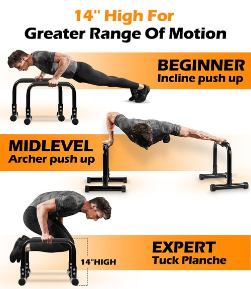 TABEKE Push Up Bar, 14'' High Steel Parallettes & Dip Bar with Full Coverage Foam Handle, Heavy-Duty Calisthenics Parallel Bars for L-Sit, Dips, Home Gym Strength Training Workout
