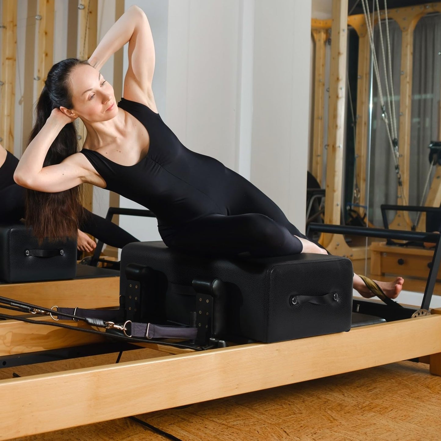 JIRTEMOT Pilates Box for Reformer Machine - 24.8x15.75x8.66 Inch Premium Wood & PU Pilates Sitting Box, Home Gym & Studio Strength Training Accessory for Pilates Bed/Reformer Equipment (Black)