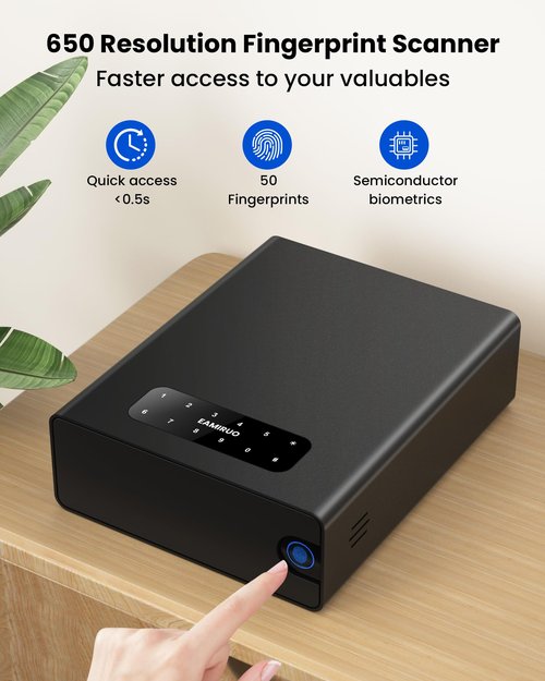 EAMIRUO Single Handgun Safe Unlock with Fingerprint/Keypad/Key/Application, 0.5s Quick Access Biometric Pistol Safe for Handgun, Small Drawer Gun Safe for Nightstand Bedside
