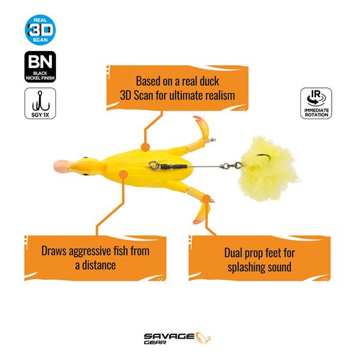 Savage Gear 3D Duck Fishing Bait, 4 1/4 oz, Yellow Duckling, Realistic Contours, Colors & Movement, Durable ABS Construction, Versatile Rigging Options, Dual Smash Tails, Dual Treble Hooks