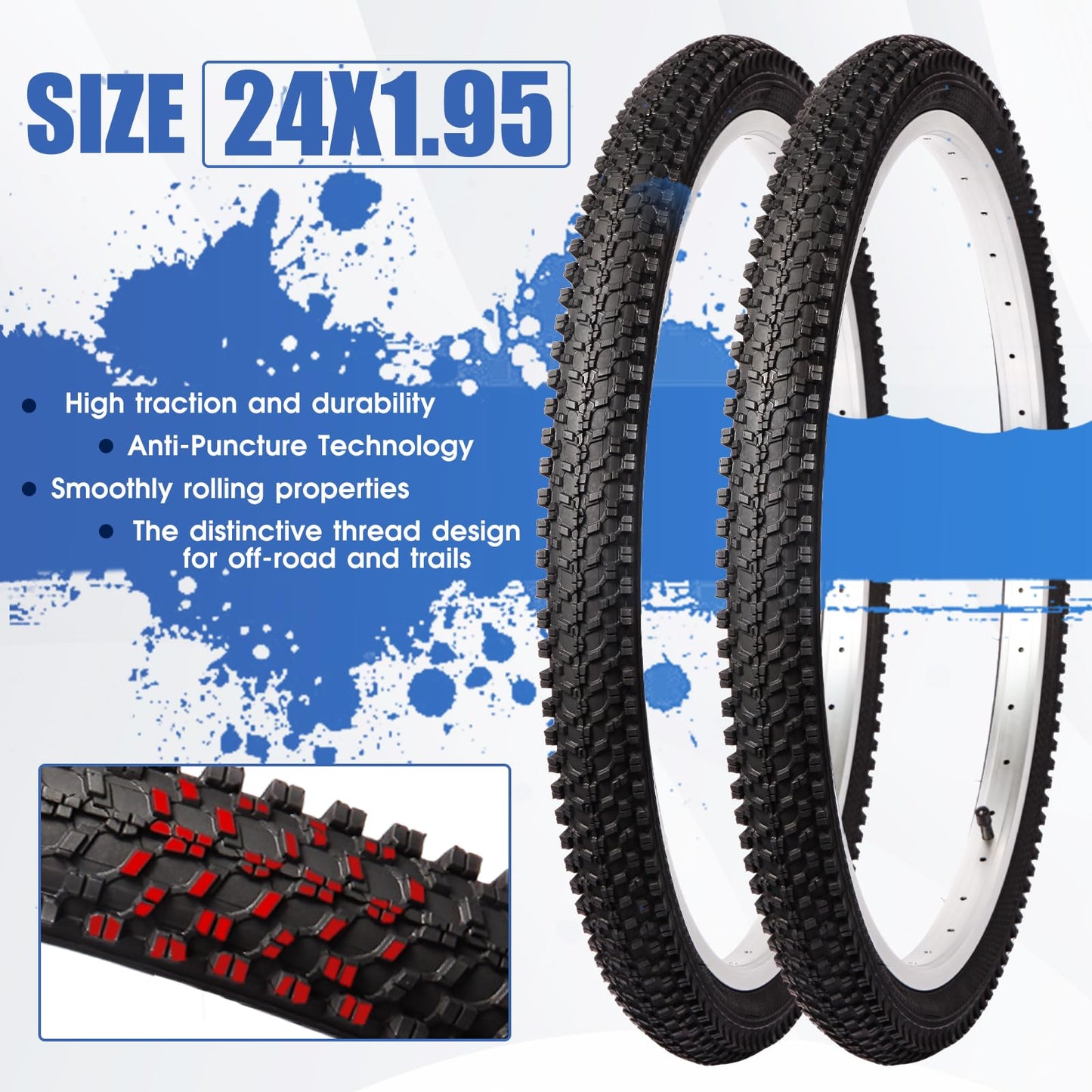 2 Pack 24" x 1.95" Mountain Bike Tire Set, 24 inch Folding Replacement Puncture-Resistant Bicycle Tires with 24 x 1.75-2.125 inch Bike Tubes and Repair Tool Kit for Mountain Bike, Off-Road Bike