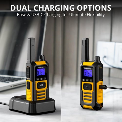 Radioddity HD-1 IP67 Heavy Duty Walkie Talkies, Waterproof Dustproof Shockproof Long Range Two Way Radio with One-Key Group Call, Vibrate Alert, SOS, Dual PTT, Base & USB-C Charing, 4 Packs