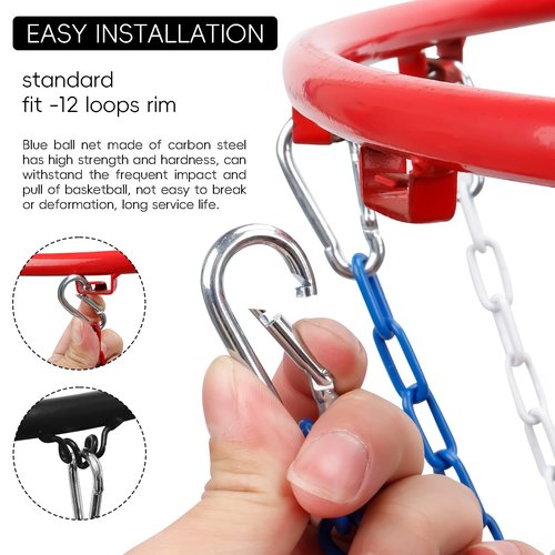 Basketball Net Replacement Heavy Duty, Carbon Steel Chain Basketball Net, Anti-Rust Use Indoor Outdoor Standard 12-Ring Basketball Hoop, Quick Installation