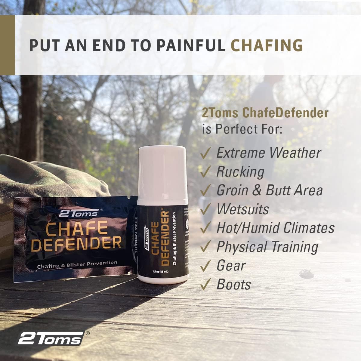 2Toms Chafe Defender, Military-Grade Anti-Chafe and Blister Prevention, All-Day Waterproof and Sweatproof Protection from Chafing and Skin Irritation, 1.5 Ounce Bottle