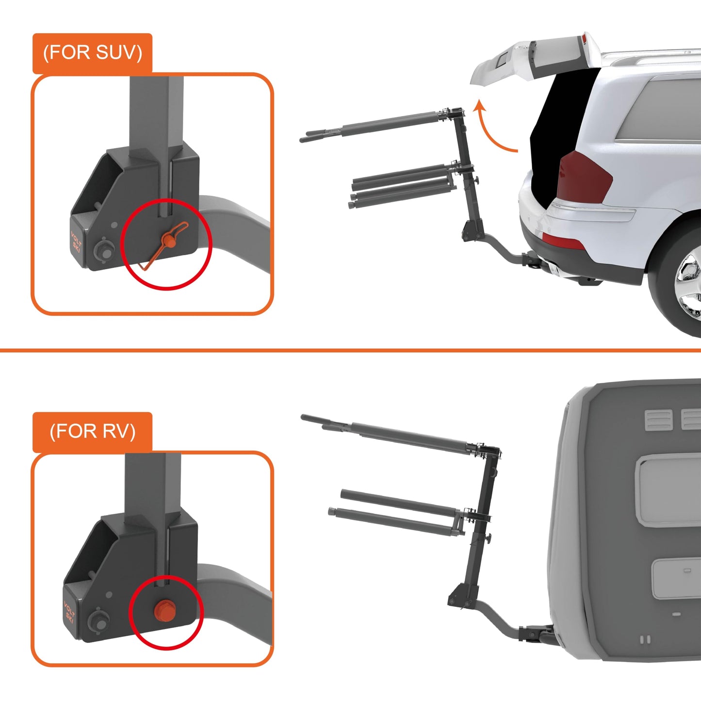 HYPERAX Volt SKI - RV-Rated Vertical Hitch-Mounted Ski & Snowboard, Tiltable Rack for SUV, Sedan and RV, Compatible with 2" Hitch Receiver, Fit up to 4 Pairs of skis or 2 Snowboards for Each Side