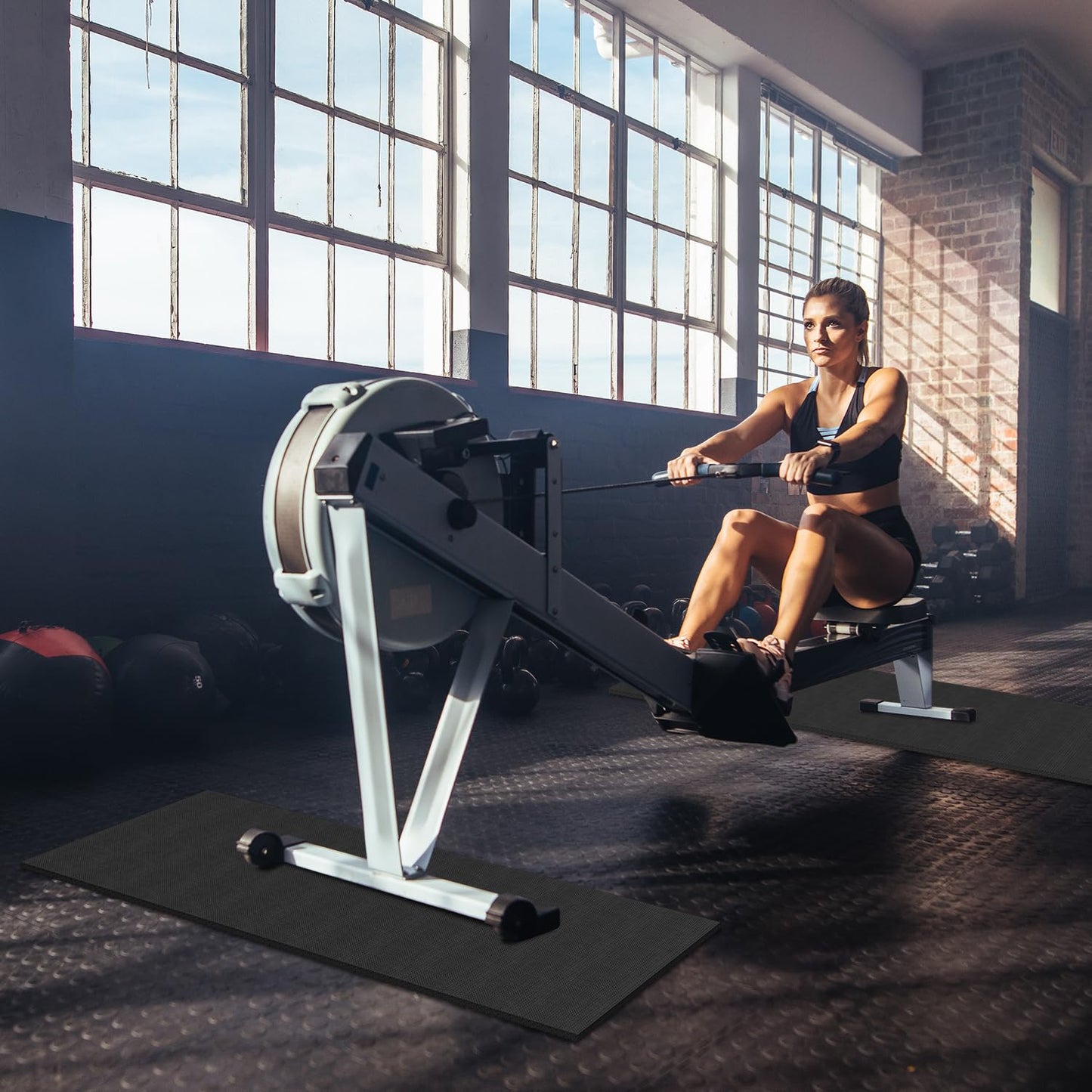 2PCS Non-Slip Mat Rowing, Rowing Machine Bike Mat for Carpet & Hardwood Floors, Exercise Bike Mats for Exercise Equipment (Two Pieces:30 * 12 inch)