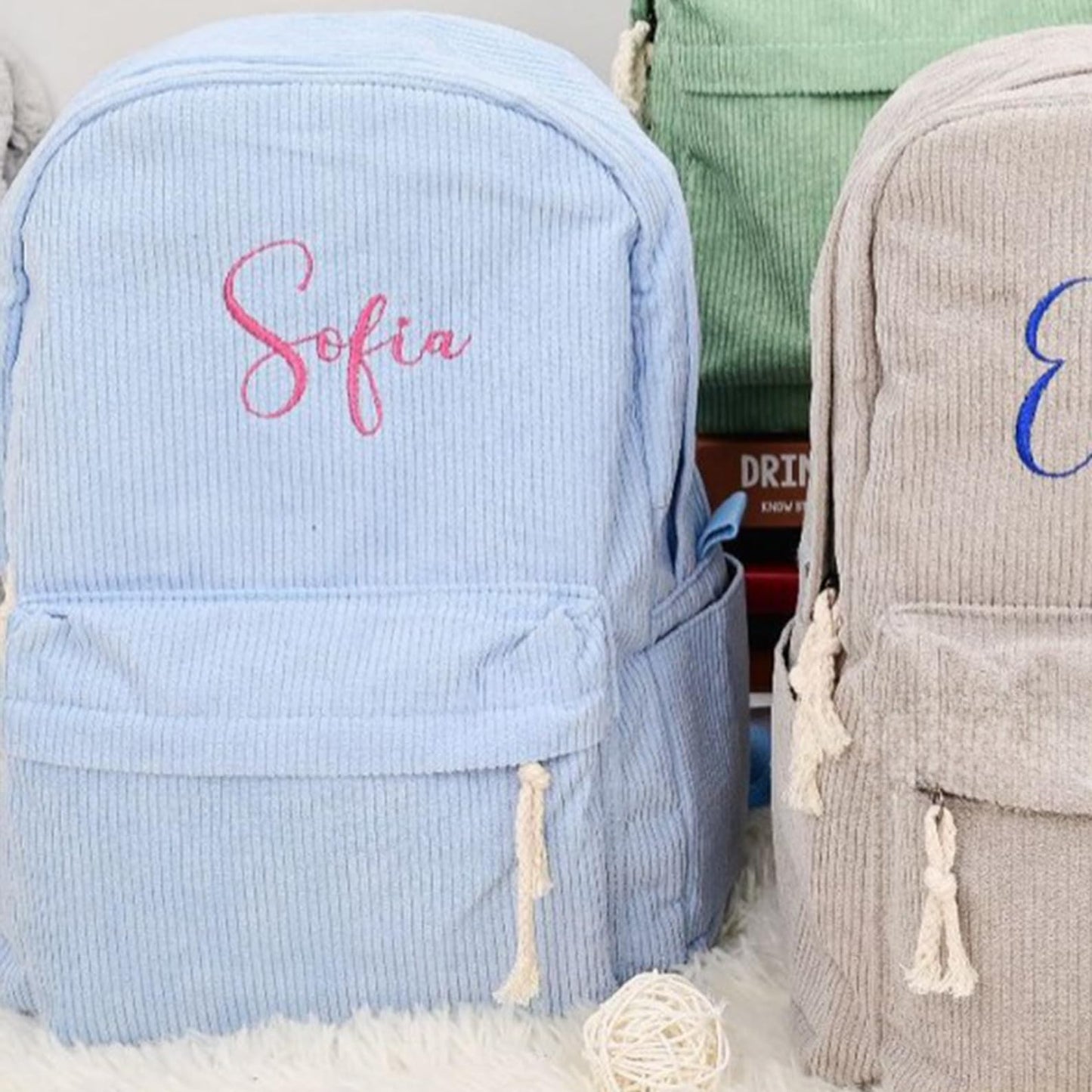 JINMA Personalized Embroidered Name Backpack – Custom Lettering Corduroy Bag with Floral Detail, Lightweight and Stylish