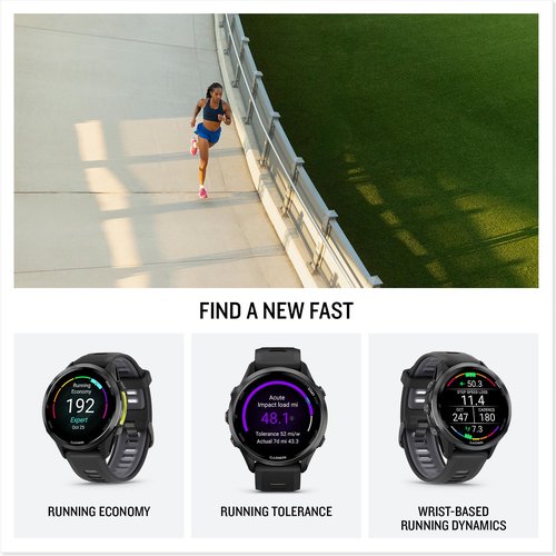 Garmin® Forerunner® 970, Premium GPS Running and Triathlon Smartwatch, AMOLED Display, Built-in LED Flashlight, Carbon Gray DLC Titanium with Black Case and Black/Translucent Whitestone Band