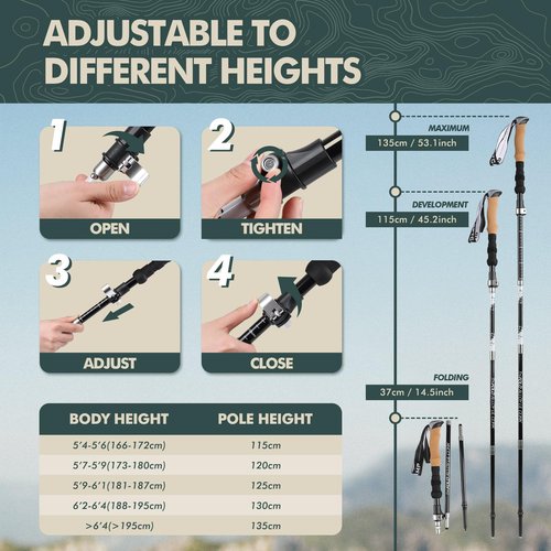 GPTCAMP Nordic Walking Stick, TPZ-1, Black 2pc Folding Collapsible Hiking Poles with Metal Quick Lock, Cork Handle, Lightweight 7075 Aluminum Trekking Poles for Seniors Women Men Hiking Gear