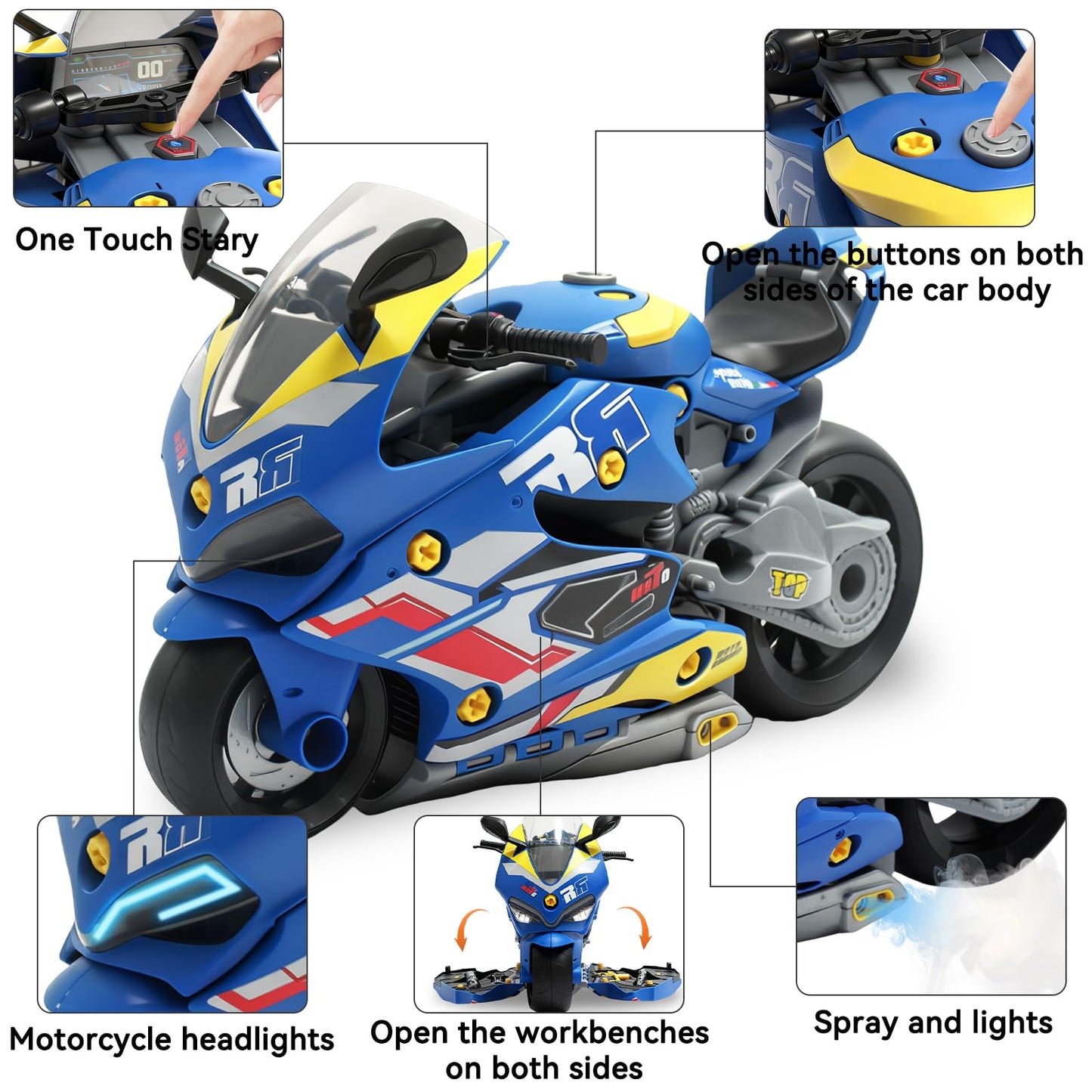 Poakkus Take Apart Motorcycle Toys Kit, Motorcycle Model Toys for Kids Mechanic,Motorcycles Toy with Light, Sound & Spray for Toddlers 3+ Kids,Interactive Toy Engine Building Kit, Blue