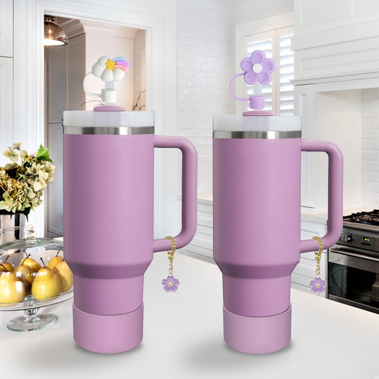 Stanley Cup Accessories Set,Including 2 Pcs 0.4in Straw Cover, 1 Silicone Spill-Proof Stopper Set of 3, 1 Cute Purple Flower Handle Charm, 1 Silicone Boot Fits Stanley 40&30 Oz Tumbler (Lilac)