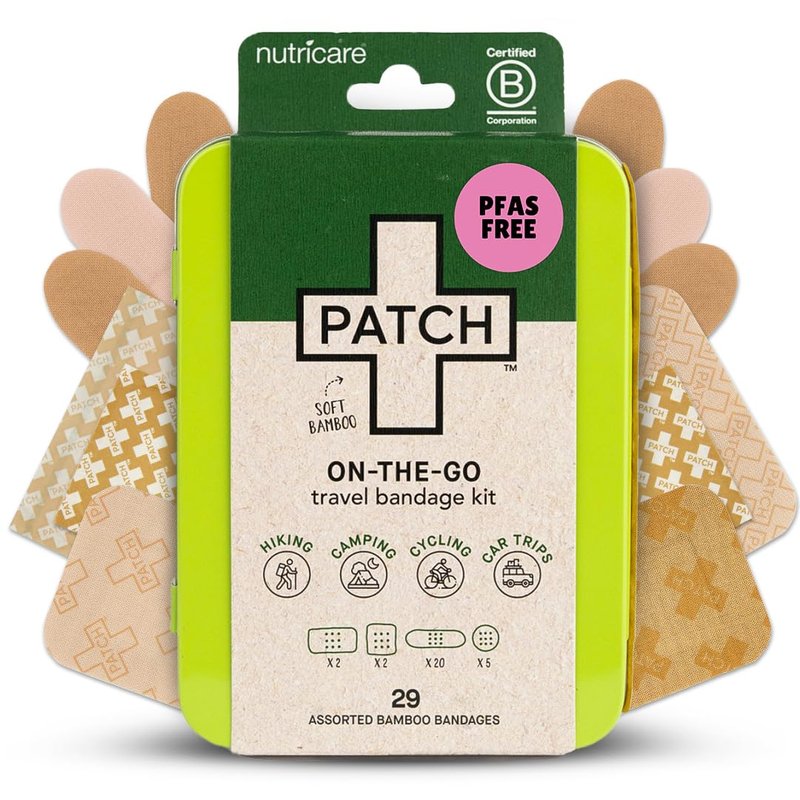 PATCH On-The-Go Natural Bamboo Adhesive Bandage Travel Kit for Sensitive Skin, Eco-Friendly Hypoallergenic Bandages, 29 ct