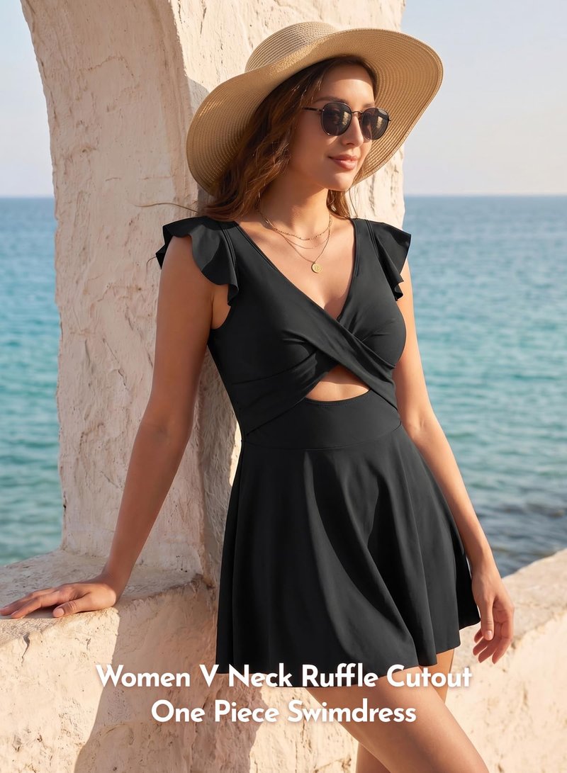 Aleumdr Women Cutout Ruffle One Piece Skirt Swimsuit V Neck Wrap Swimdress Tummy Control Bathing Suit Black Large
