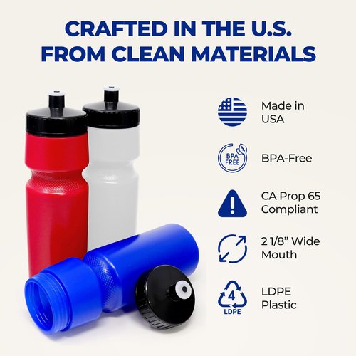 Rolling Sands USA Made Reusable 24 oz Sports Water Bottles, 3 Pack, BPA-Free, Easy Open Pull-Top, Fits Most Bike Cages, Dishwasher Safe, Lightweight - for Kids to Adults, Clear Frost