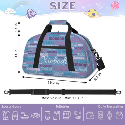 Personalized Cute Duffle Bag - Custom Name Kids Sports Bag, Sleepover Bags for Girls, Lightweight Toddler Boys Overnight Bag for Weekender Travel Cheer Dance Ball Game, Blue Dark Purple