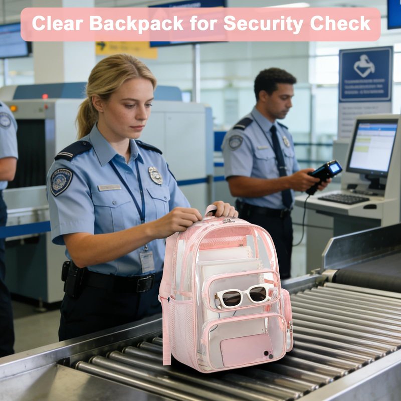 BTOOP Clear Backpack Heavy Duty Transparent Backpack 17" See Through Bookbag for College Work Festival Security Padded Strap (Pink)