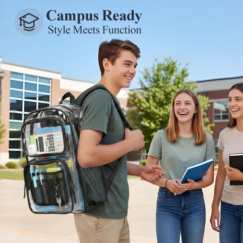 PACKISM Clear Backpack for School - 17 inch Large Heavy Duty Bookbag, Reinforced See Through PVC Transparent Backpack for Students Men Women, Active Black (Age 12+)