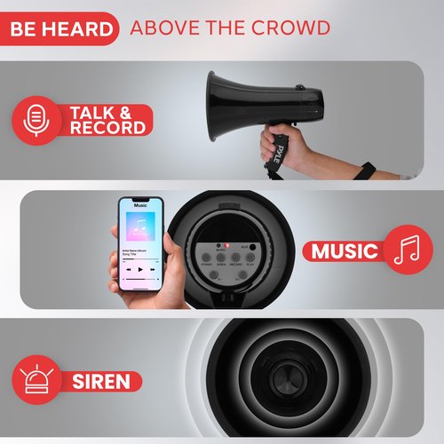 Pyle 20W Megaphone Bullhorn - Portable, Automatic Siren & Adjustable Volume,Projection Range Up to 400 Square Yards, Aux Input, Talk, Siren, Music, Whistle, & Record, Shoulder Strap (Black)