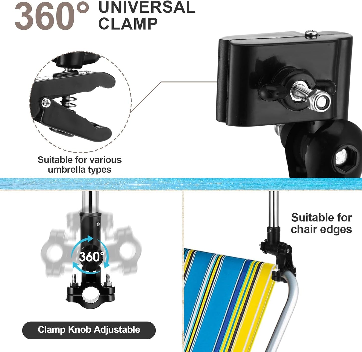 2 Pcs Beach Chair Umbrella with Clamp 49.2" 360° Adjustable Golf Umbrella with Clip and Retractable Stand Sun Shade for Camping Outdoor Travel Patio Wheelchair Golf Cart Stroller
