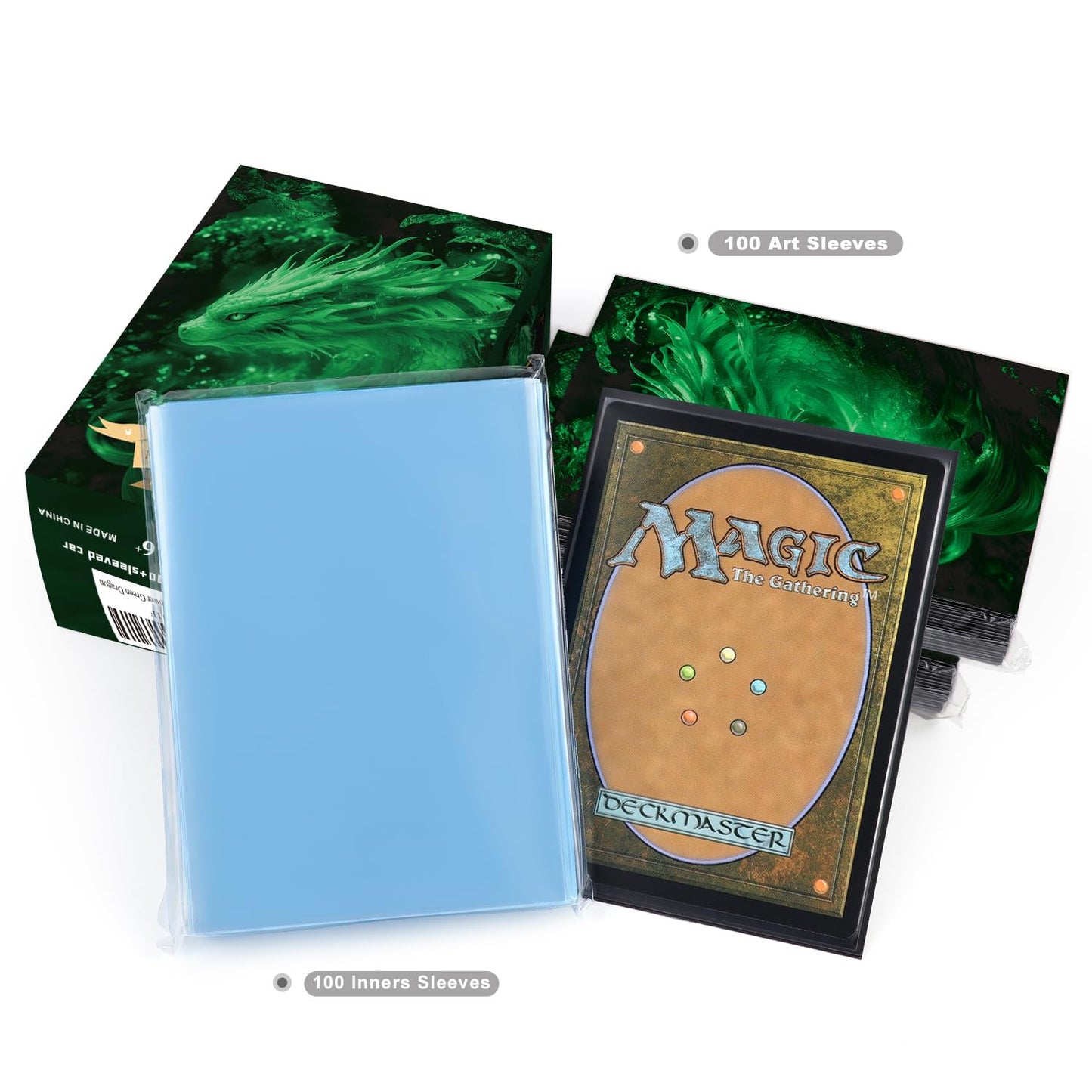 Katomula 100 MTG Card Sleeves with 100 Inner Sleeves, Textured Back Art Sleeve, Fit Standard Size Cards (Power Green Dragon)