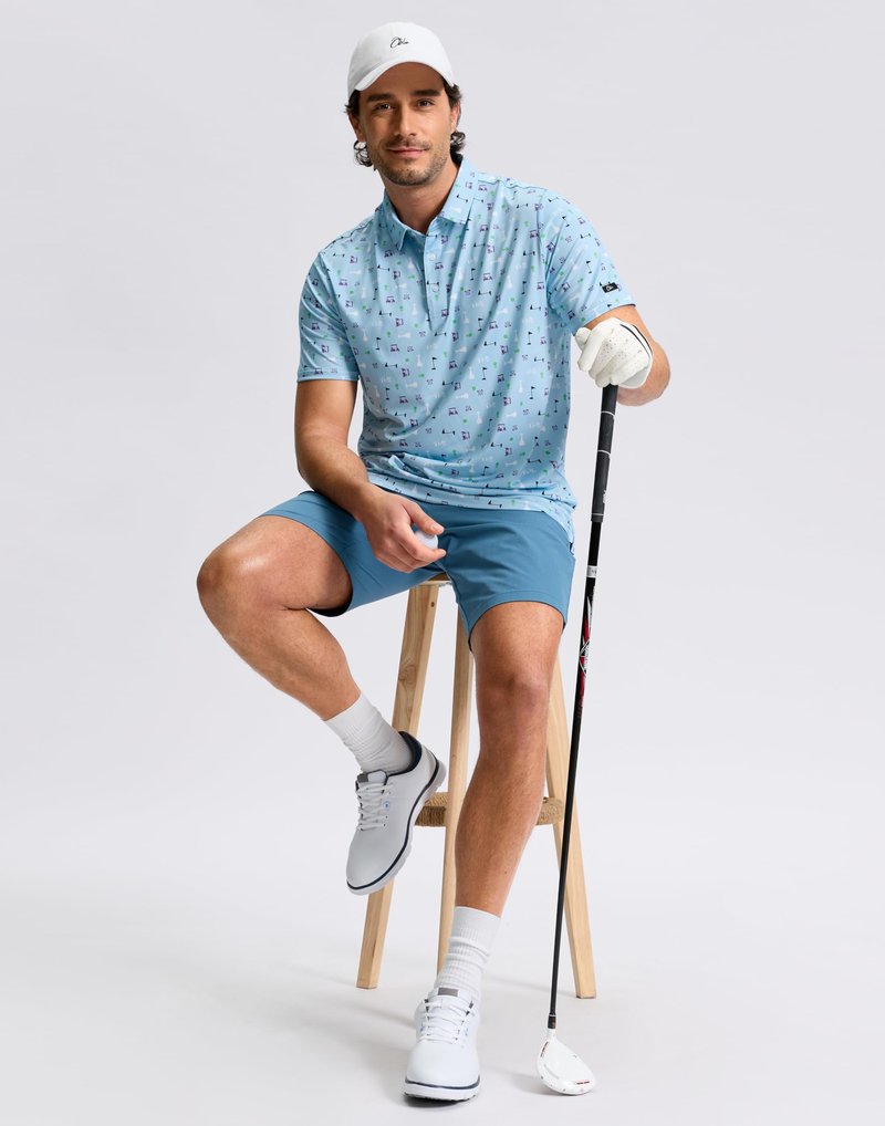 Obla Mens Golf Polo Shirts Short Sleeve Dry Fit Performance Moisture Wicking Casual Print Collared Golf Shirts for Men (Blue Golf Flag_S)