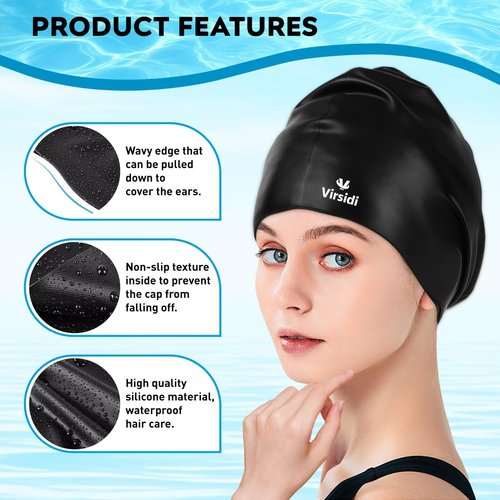 2 Pack Large Swim Caps for Long Hair, Silicone Swimming Cap for Adult Women Men, Waterproof Swim Hats Bathing Caps to Keep Hair Dry with Bonus Nose Clip and Earplugs-01
