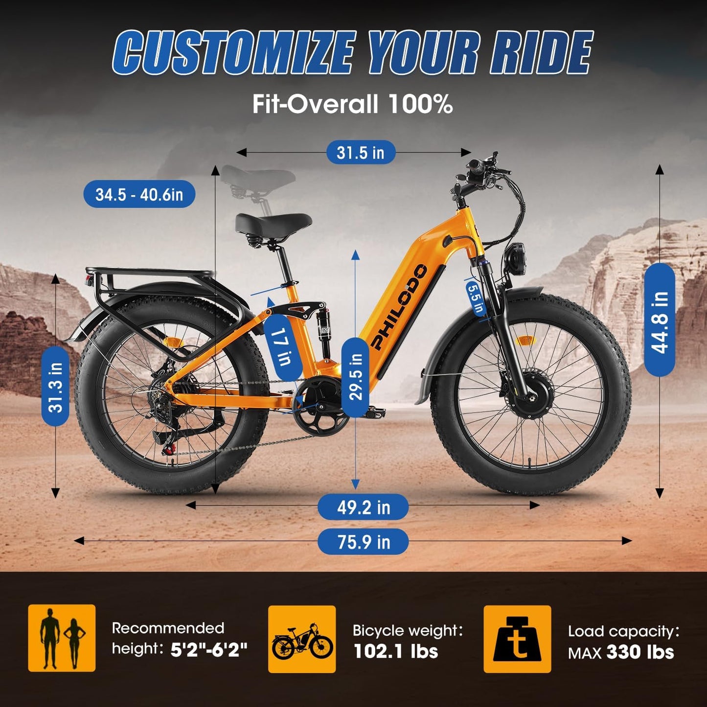 PHILODO Falcon 60V 32AH Off-Road Electric Bike 45MPH - 5000W Peak Dual Motor Hunting Ebike, Fat Tire Full Suspension Dirt Bike for Adults, Long Range Snow/Sand Electric Bicycle