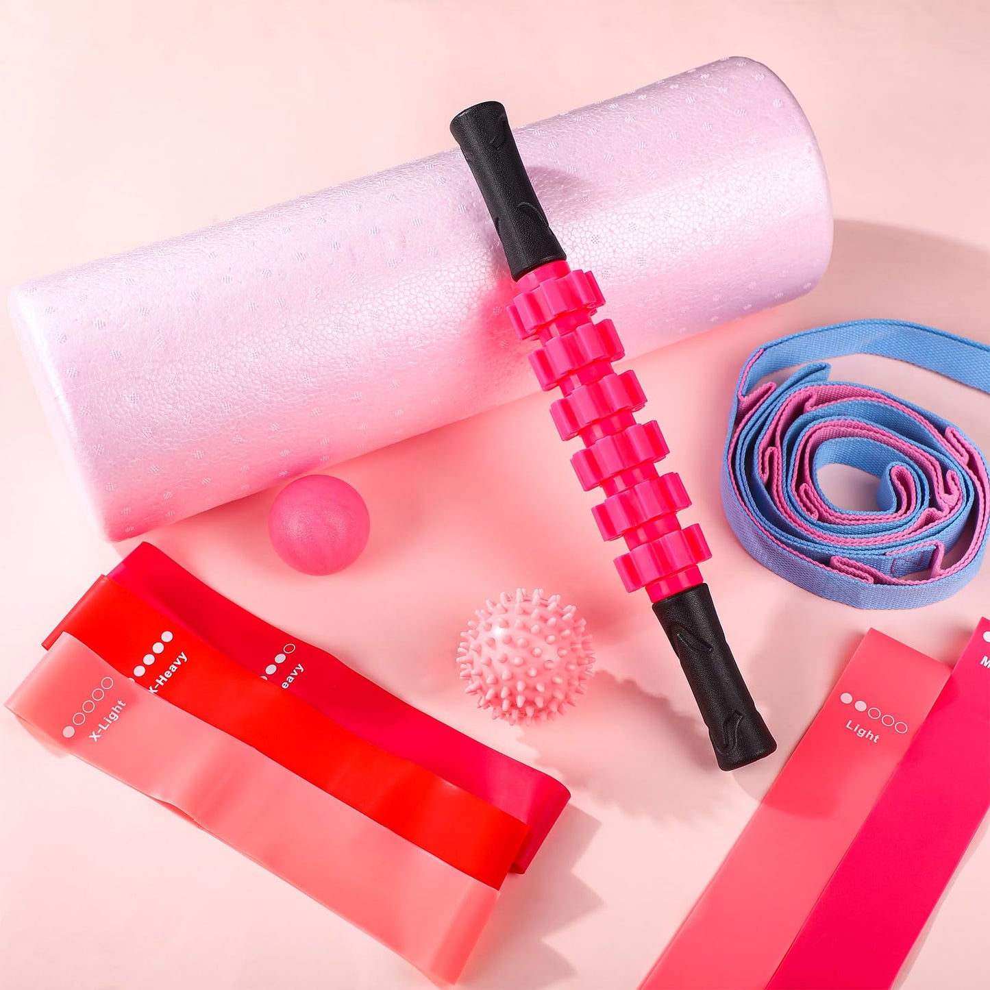 Soulchen 11 Pcs Pink 7 In1 Foam Roller Set Foam Back Roller Massage Stick Exercise Resistance Elastic Bands Plantar Fasciitis Ball Spiky Massager Ball with Bag for Physical Body Therapy Yoga Pilates