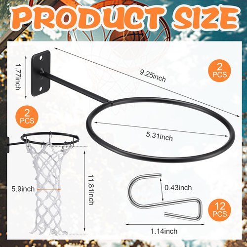 RoundFunny 2 Pcs Basketball Holder Wall Mount Ball Stand Display Storage Rack with Net and Hooks Sports Accessories Organizer for Football Soccer Volleyball Display