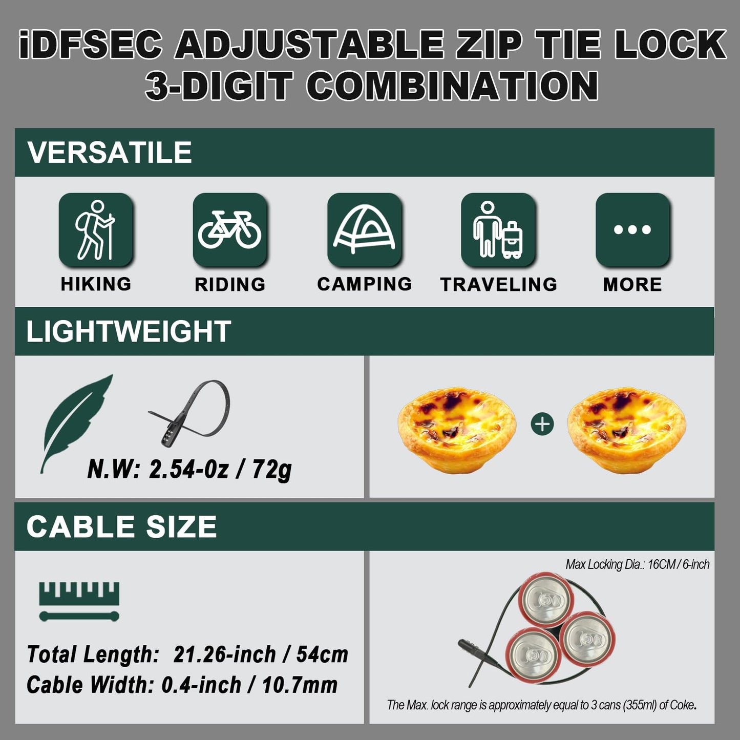 iDFSEC Zip Tie Lock, Adjustable Cable Tie with Stainless Steel Core - Multi-Purpose Cable Lock for Securing Helmets, Bicycles, Skis, Scooters, Café, Gate Door (2/Pack, Black)