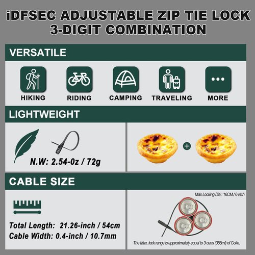 iDFSEC Zip Tie Lock, Adjustable Cable Tie with Stainless Steel Core - Multi-Purpose Cable Lock for Securing Helmets, Bicycles, Skis, Scooters, Café, Gate Door (2/Pack, Black)