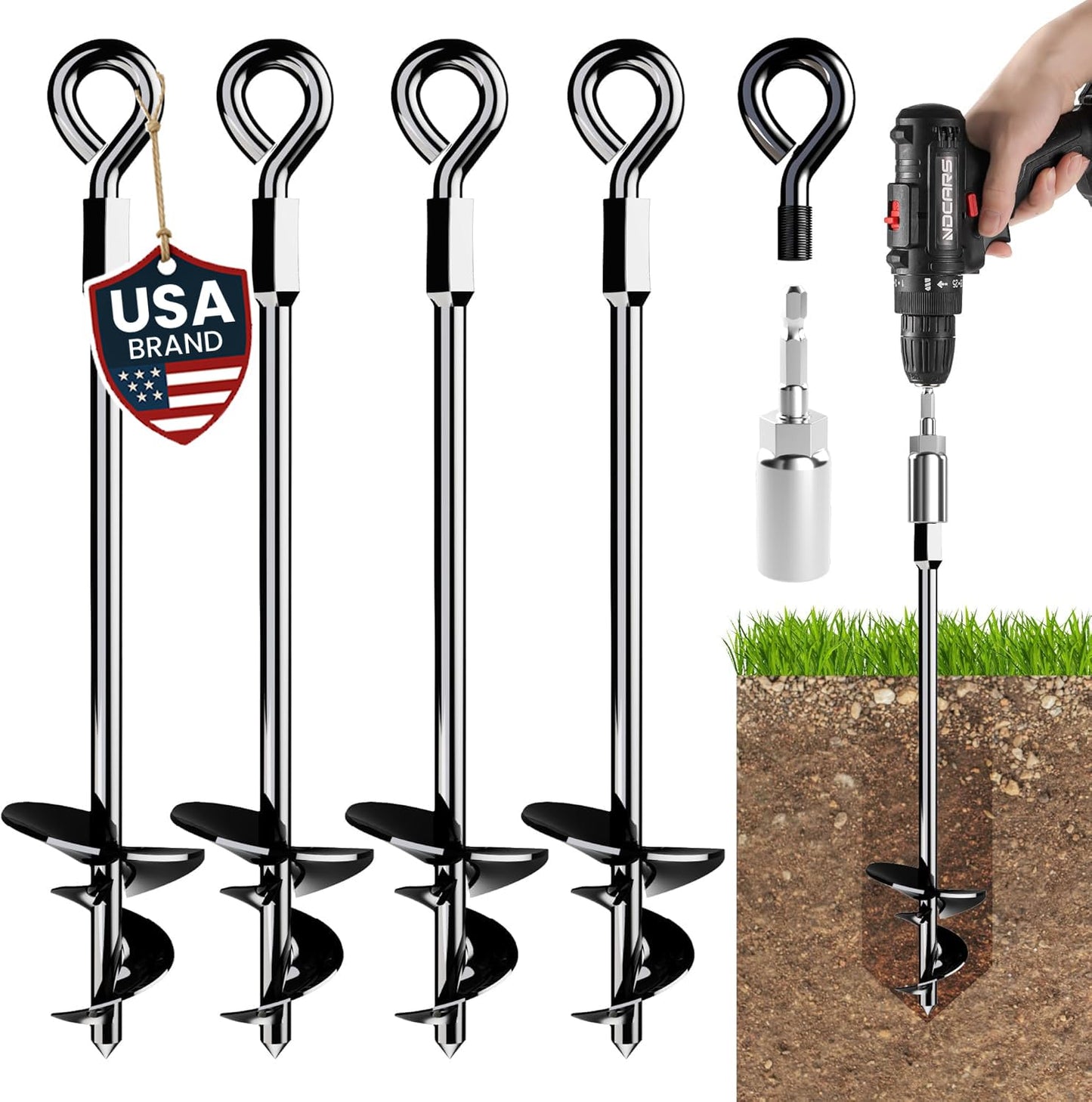 15" Ground Anchors Screw-in - Heavy Duty for High Winds - Ground Stakes - Earth Anchors for Sheds, Swing Sets, Tents, Trampolines, Gazebos, Carports, and Hurricane Tie-Downs