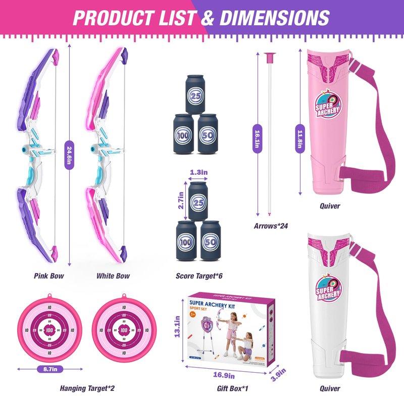 HYES 2 Pack Bow and Arrow for Kids, LED Light Up Archery Set with 24 Suction Cup Arrows, 2 Hanging Targets, 6 Score Targets & 2 Quiver, Indoor Outdoor Sport Toys for Girls Ages 4-12