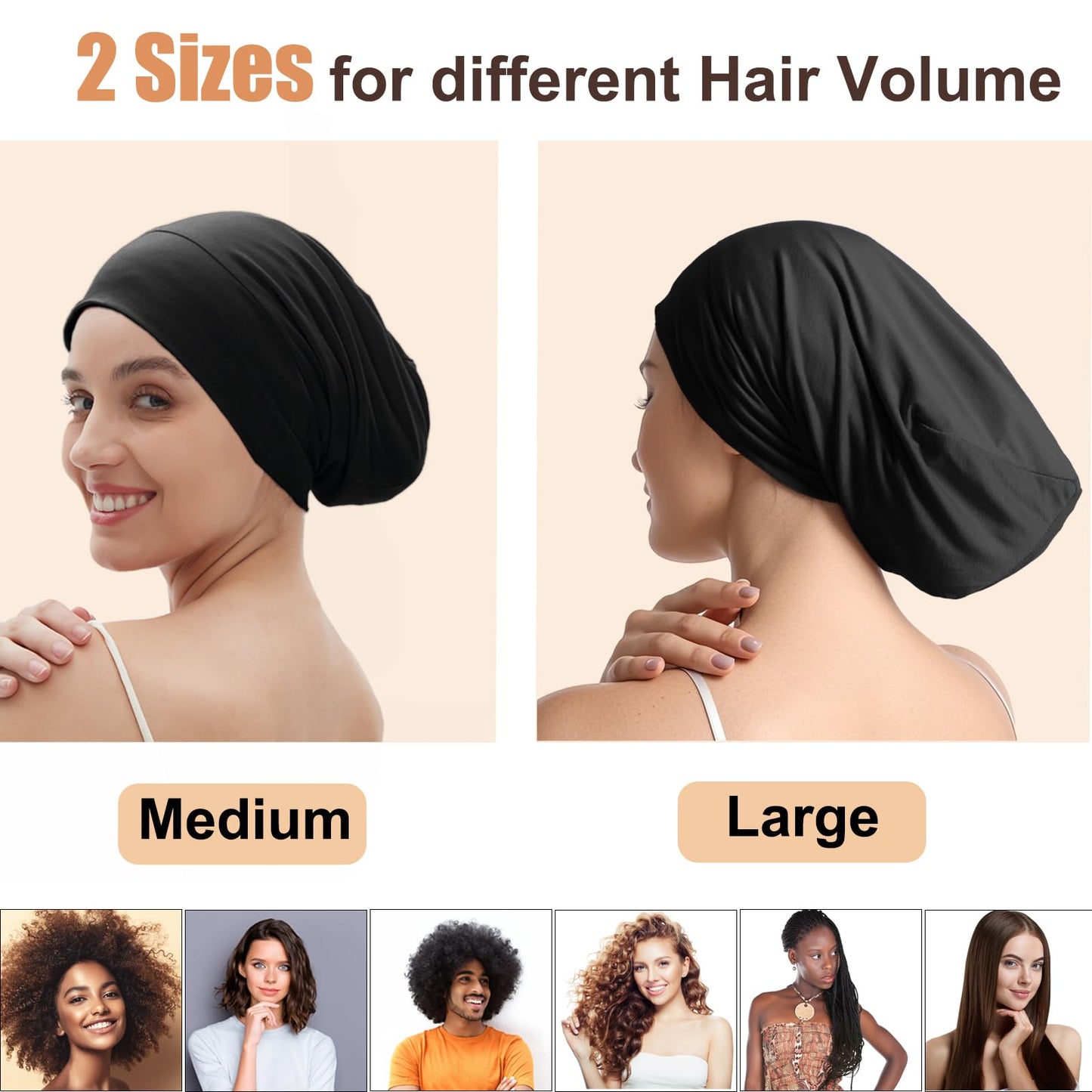2PCS Satin Bonnet for Sleeping Night Cap, Adjustable Satin Lined Silk Bonnets Sleep Cap for Curly Hair Braids Beanie Black Women