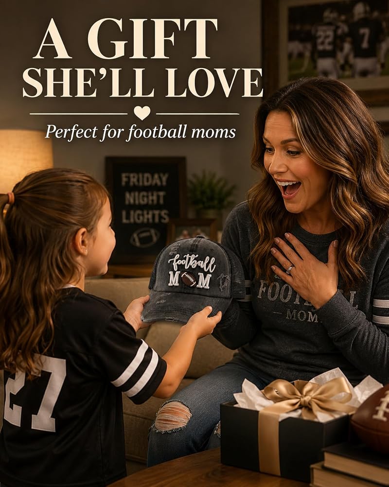 Football Mom Distressed Ponytail Trucker Hat for Women - Black