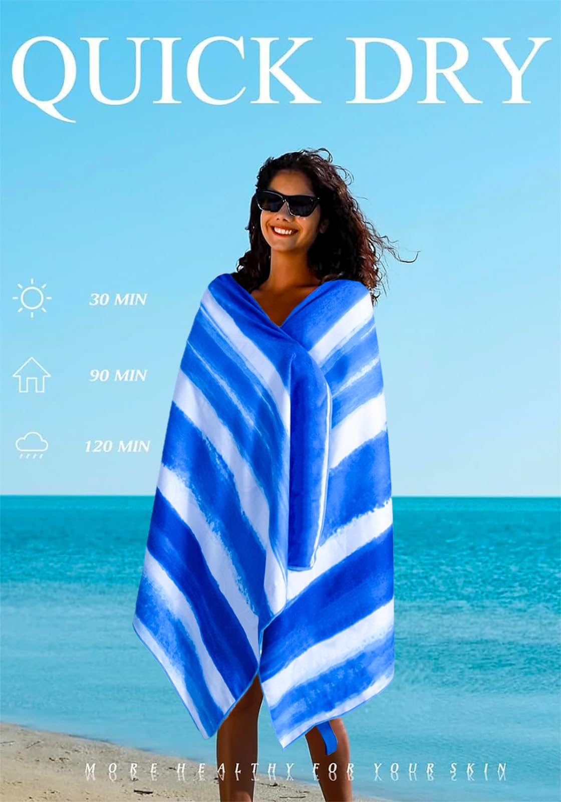 Yongoes 2 Pack Microfiber Beach Towels Oversized 71x32 Blue Striped