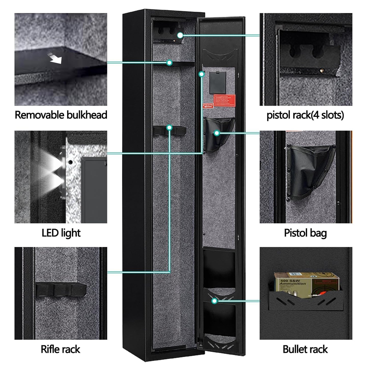 KAER 2-3 Gun Safe,Rifle Safe,Gun Safe for Rifles and Pistols,Gun Cabinet for Shotguns,Long Gun Cabinet for Shotguns with Removable Storage Shelf,LED Light,Quick Access Rifle Safes,Adjustable Shelves