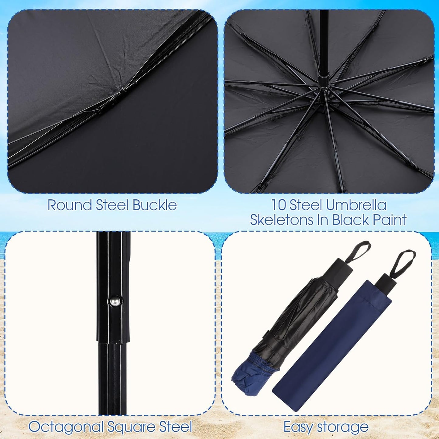2 Pcs Beach Chair Umbrella with Clamp 49.2" 360° Adjustable Golf Umbrella with Clip and Retractable Stand Sun Shade for Camping Outdoor Travel Patio Wheelchair Golf Cart Stroller