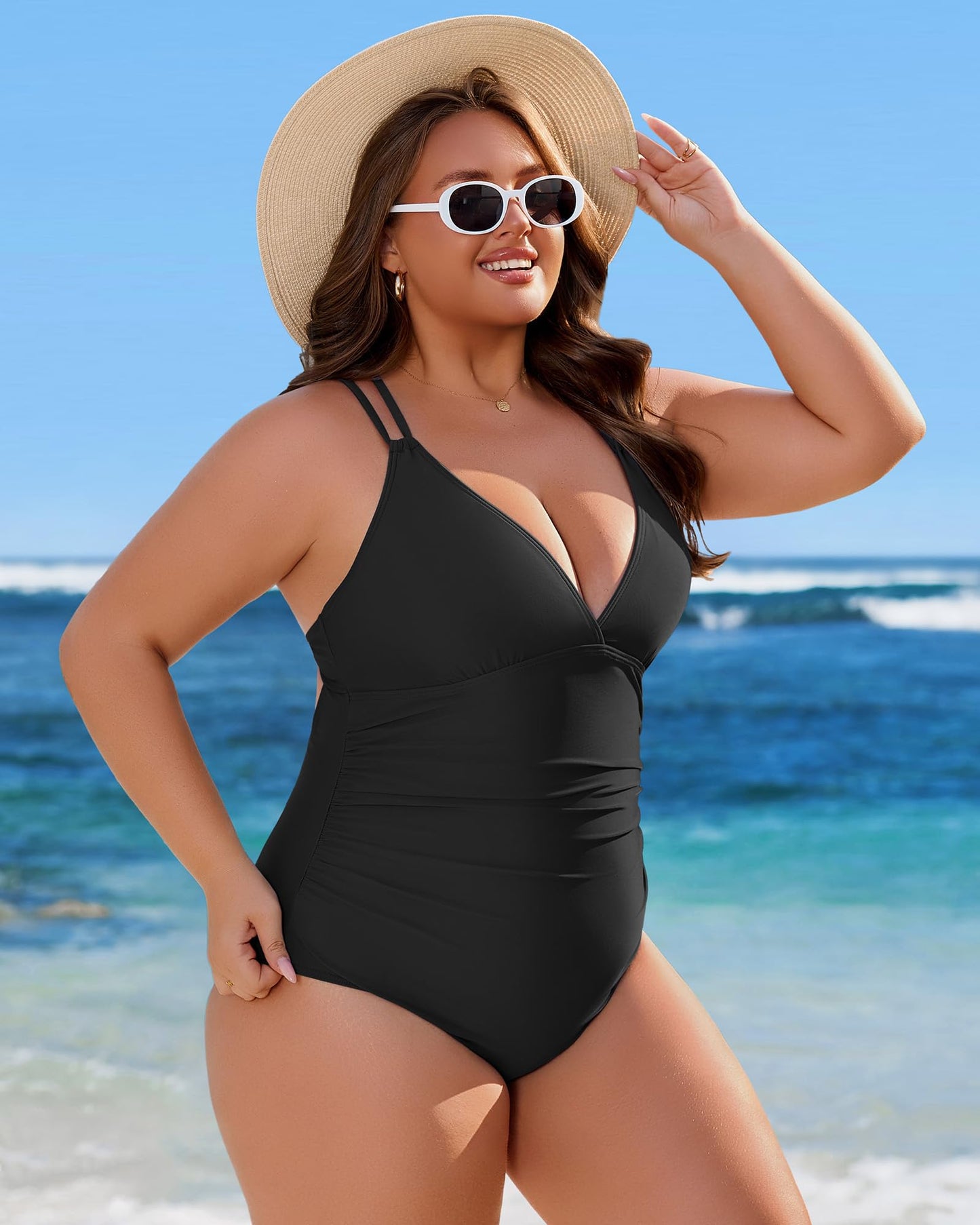Charmo Tummy Control One Piece Swimsuits for Women Ruched Bathing Suits Criss Cross Strappy Monokini Black Large