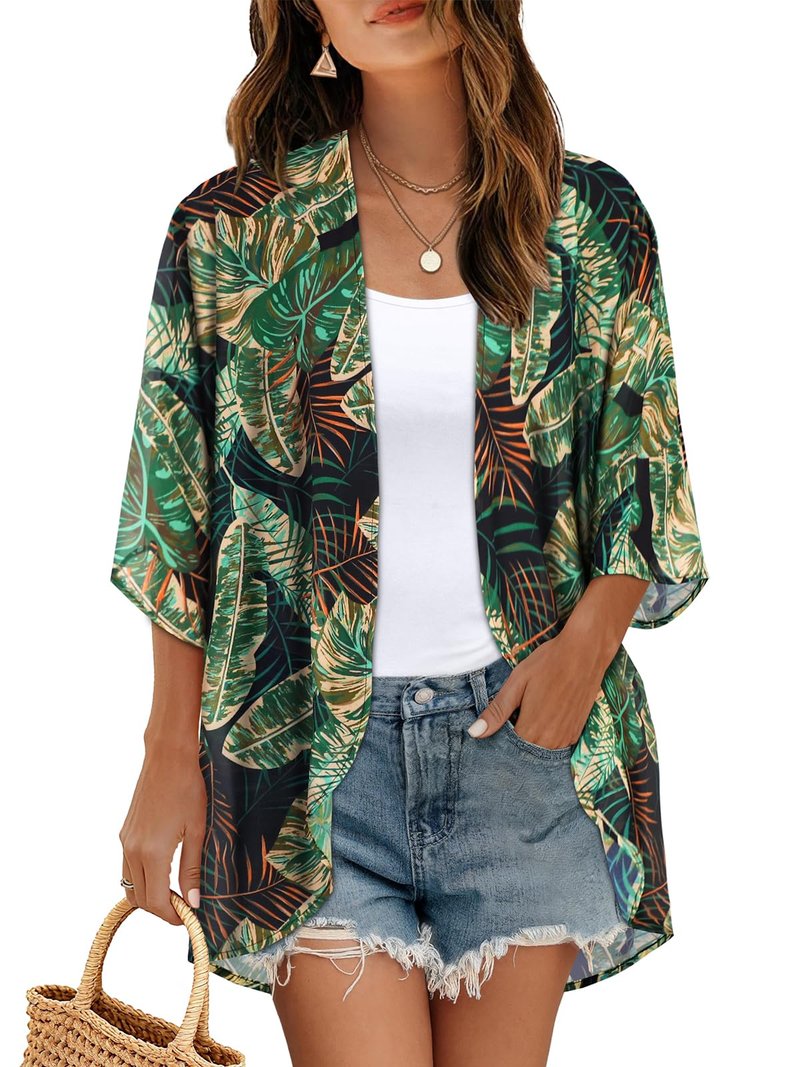 Women's Floral Kimono Print Puff Sleeve Loose Cardigan Cover Up Casual Blouse Tops (Green Orange Leaves, L)
