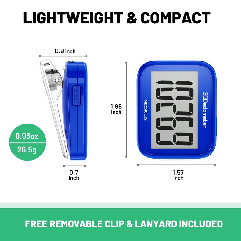 NESKLA 3D Pedometer for Walking, Simple Step Counter with Large Digital Display, Step Tracker with Removable Clip Lanyard, Accurately Track Steps for Men Women Kids Adults Seniors-Dark Blue