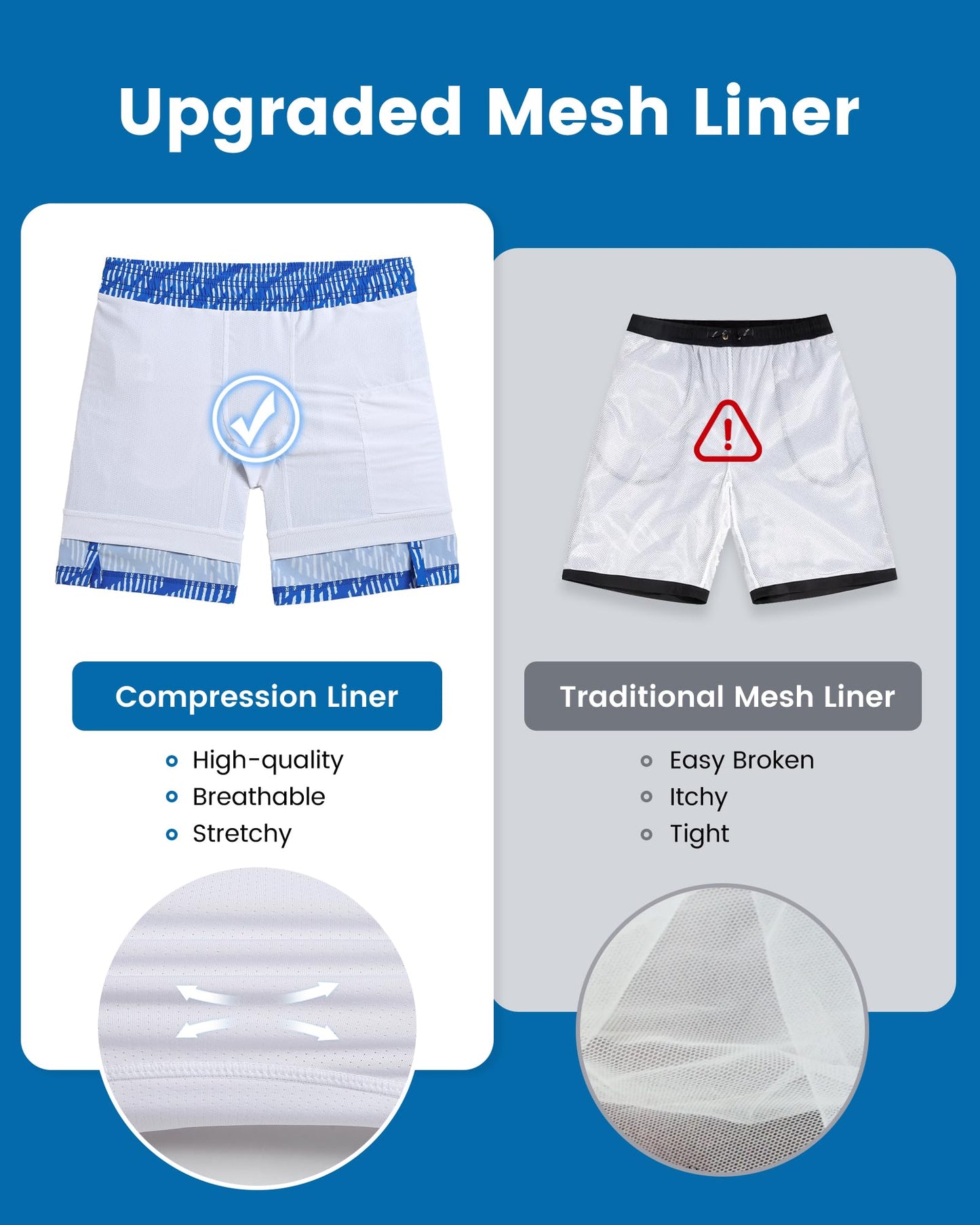maamgic Mens Swim Trunks with Compression Liner 7 Inch Inseam Mens Bathing Suit Quick Dry Swimming Trunks Swimsuit Geometric Stripes Blue and White Large