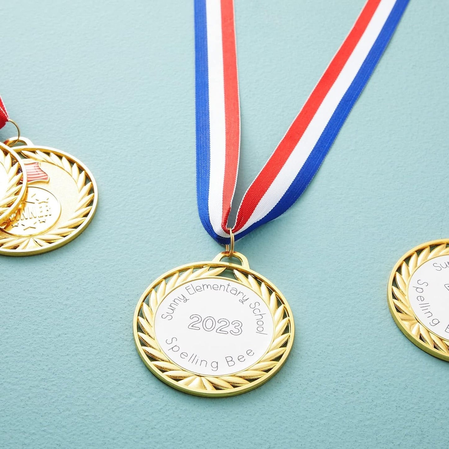 Juvale Medals for Awards - 12-Pack Gold 2.75-inch Medals with 15.5-inch Red/White/Blue Neck Straps - 1st Place Award & Participation Ribbons - Competition Ribbons for Kids