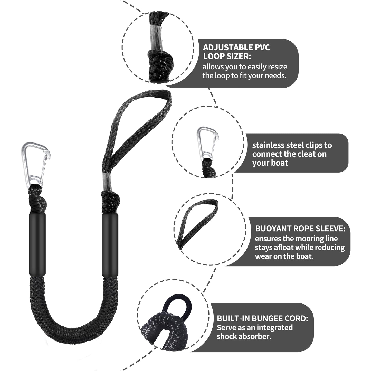 2.5ft Black Bungee Dock Line with Stainless Steel Hook - Heavy-Duty No-Knot Mooring Rope for Jet Ski, Kayak, PWC | Boat Fender Lines to Hang Bumpers (Stretches to 3.5ft), Pack of 2