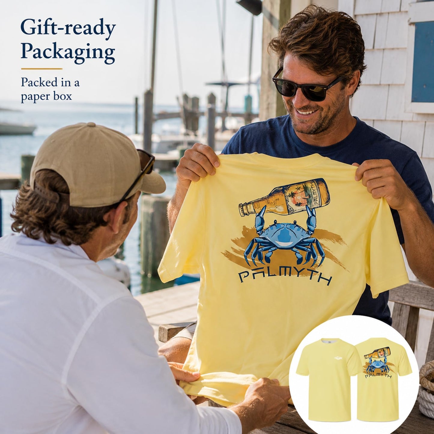Palmyth Men's Fishing Shirt Short Sleeve Sun Protection UV UPF 50+ SPF T-Shirt (Yellow/Crab, XL)